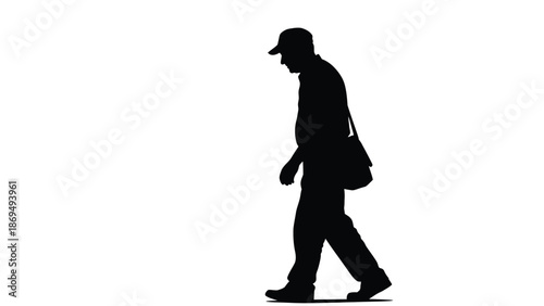Silhouette of a mature man walking forward wearing a baseball cap and carrying a shoulder bag
