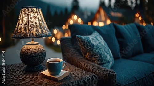 Elegant lamp, coffee, and book on wicker table by sofa at dusk. Conveys comfort, leisure, travel, or cozy outdoor living at sunset.