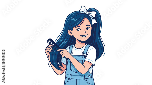 A happy young girl with long blue hair combing her hair with a brush.