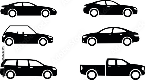 Car silhouettes various vehicle types illustrated in black and white