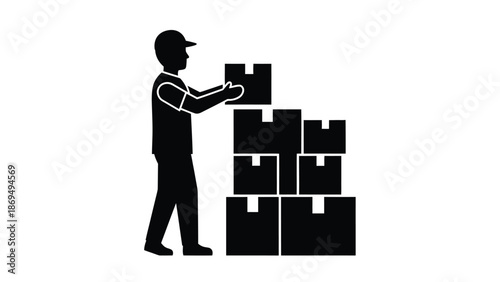 Silhouette of delivery worker carefully stacking multiple packages into a high shipment pile