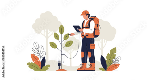 Scientist monitoring plant growth and environmental factors with modern technology in natural field