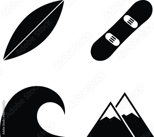 Black and white snowboard with mountain and wave