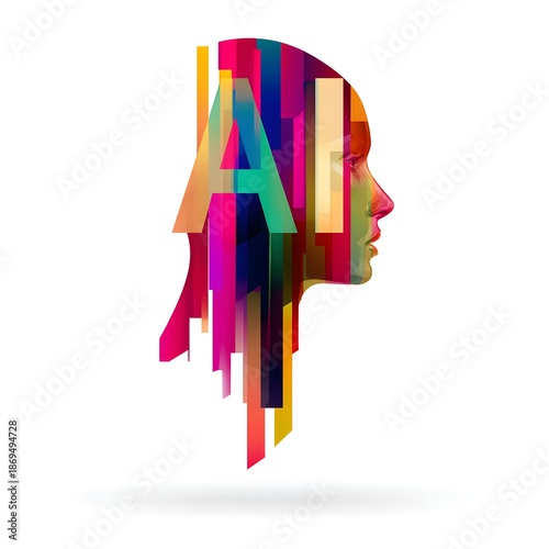 Modern illustration-style double exposure showing AI symbols blended with market graphs, flat design, white background, copy space