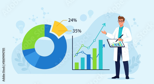 Scientist presenting statistical data with charts and graphs for scientific research analysis