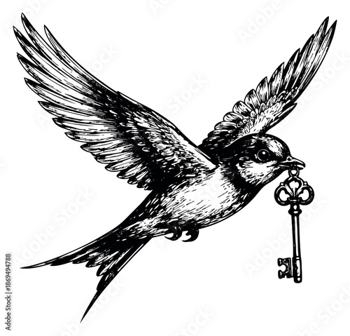 Hand drawn line art illustration of a flying bird carrying an ornate key depicting discovery for symbolic representation