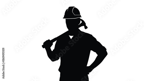 Silhouette of a construction worker wearing a hard hat holding a hammer over shoulder