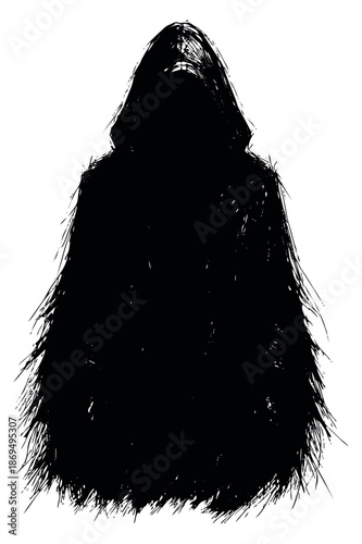 Grunge hand drawn illustration of a hooded figure depicting a mysterious presence for horror and fantasy themes