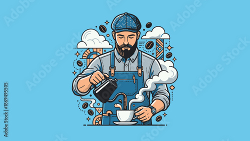 Barista pouring hot coffee into a cup with steam rising.