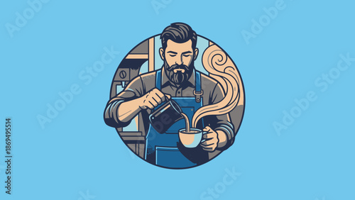 Barista pouring hot coffee into a cup with steam rising.