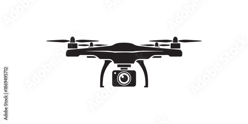 Black Silhouette of a Quadcopter Drone with Camera on White Background Keywords: drone, quadcopter, aerial, photography, camera