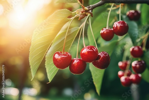 Ripe cherry fruit hanging on tree branch with green leaves and warm sunlight in background creating fresh and vibrant natural scene