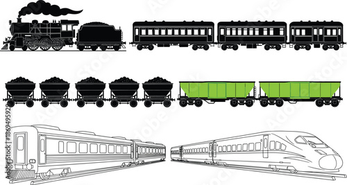 Vintage steam locomotive and modern high speed train set, passenger wagons, freight cars, cad drawing flat vector illustration, isolated.