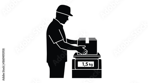 Silhouette of a worker in a cap carefully placing a package onto a digital scale displaying weight