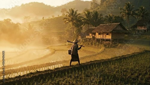 A lone farmer walks along terraced rice paddies bathed in golden morning light, with traditional village homes nestled in the misty hills.