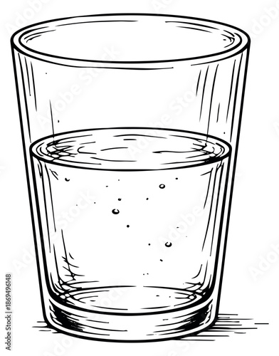 Hand drawn line art illustration of a glass of water depicting refreshing liquid for beverages