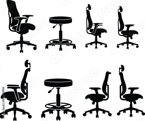 Black silhouette set of ergonomic office chairs and rolling swivel stools isolated on white background, workspace furniture, cad drawing flat vector illustration