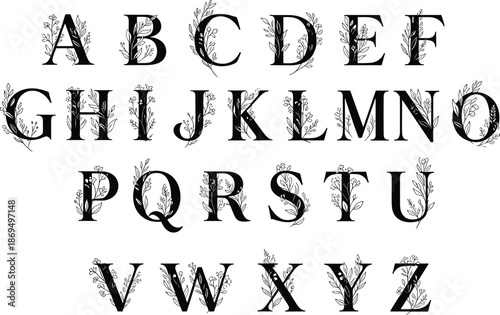 Black floral alphabet letters with hand drawn botanical leaf elements set isolated on white background, decorative monogram font, cad drawing flat vector illustration