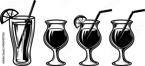 A set of four black and white vector illustrations of cocktail glasses. Each glass features a drinking straw and citrus garnish, rendered in a bold graphic style.