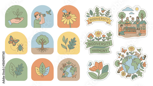 Collection of nature and earth themed illustrations and stickers.