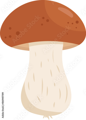 Flat vector illustration of a forest mushroom with a large brown cap and a thick cream-colored stem. Minimalist organic design with soft details on a white background.
