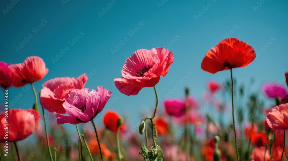 Fototapeta premium Vibrant red and pink poppy flowers blooming in a field under a clear blue sky