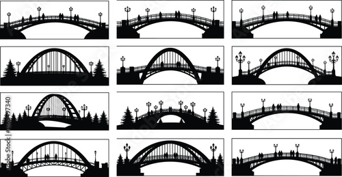 Black bridge silhouettes set, pedestrian arch bridges with people, park lamp posts, pine trees, cad drawing flat vector illustration, isolated.