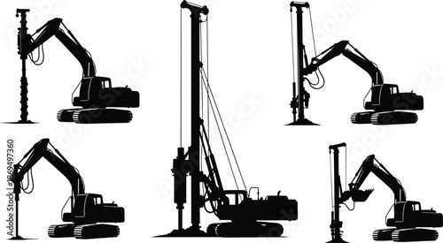 Black Heavy Construction Machinery Silhouette, Drilling Rig and Excavator Equipment for Industrial Building Site, CAD Drawing Flat Vector Illustration, Engineering