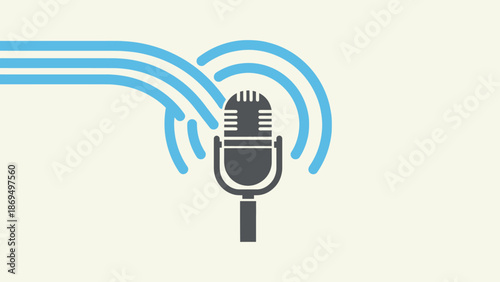 Studio microphone with stylized blue radio waves, representing broadcasting and sound, on an isolated white background.