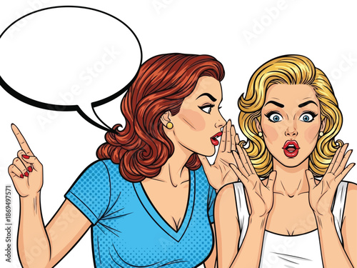 Woman whispering secret to surprised friend with empty speech bubble pop art comic