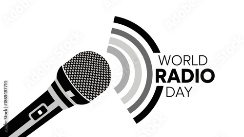 Black Microphone Icon with World Radio Day Text and Sound Waves in Grayscale on Isolated White Background