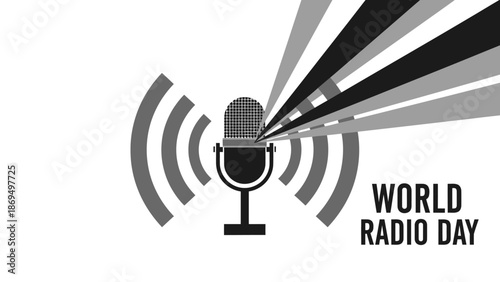Black Microphone Icon with World Radio Day Text and Radiating Sound Waves in Grayscale on Bright Studio Background