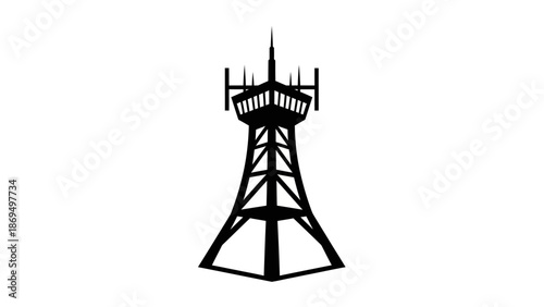 Black Radio Tower Icon, Communication Broadcast Antenna Symbol on Isolated White Background