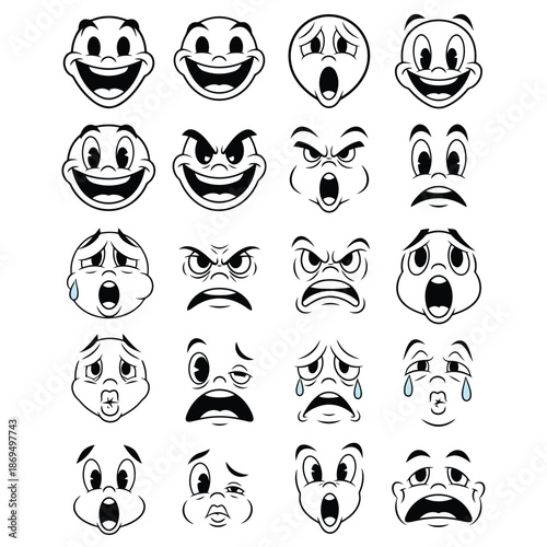 20 Vintage Cartoon Faces with Diverse Emotional Expressions on White retro expressions classic animation