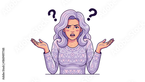 Confused woman with purple hair shrugging shoulders with question marks above her head.