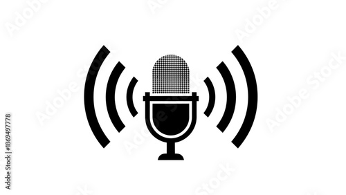 Black Microphone Icon with Radiating Sound Waves on Isolated White Background