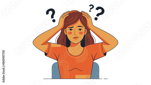 Confused Woman Holding Head with Question Marks Above.