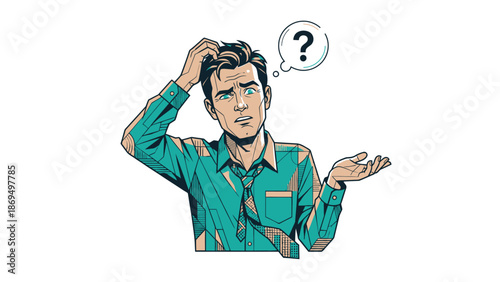 Confused man scratching head with question mark thought bubble.