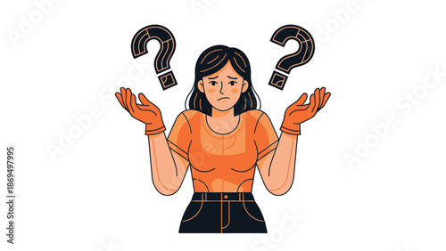 Confused woman with question marks above her head.
