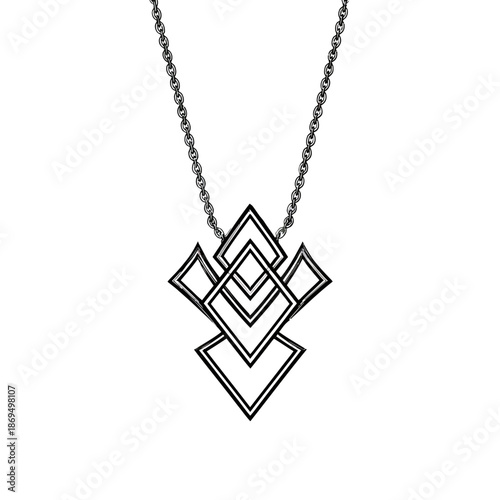 A black metal necklace with a geometric pendant on a chain against a white background vector illustration