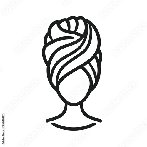 A simple line drawing of a woman's head with her hair styled in a turban-like fashion on top of her head vector illustration