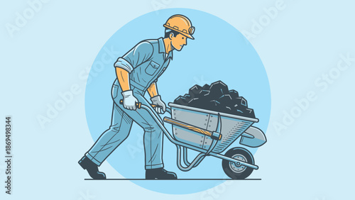Construction worker pushing a wheelbarrow full of coal.