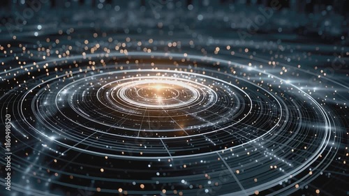 Celestial Dynamics: A breathtaking digital art piece depicting concentric circles and luminous particles, symbolizing the cosmos.