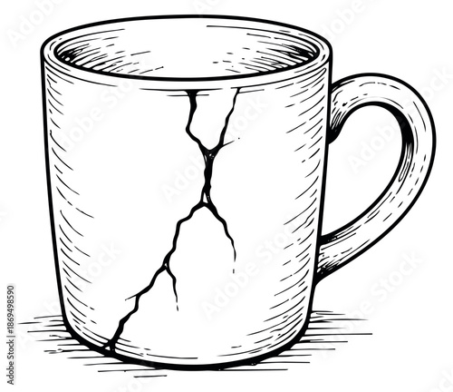 Hand drawn line art illustration of a mug depicting a crack for a fragility concept
