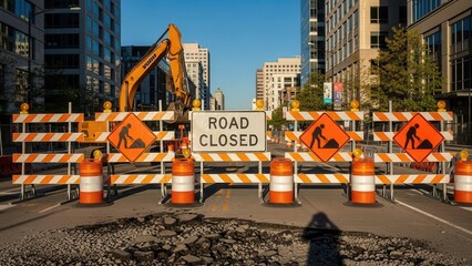 Traffic signs and barriers blocking empty city street during road construction