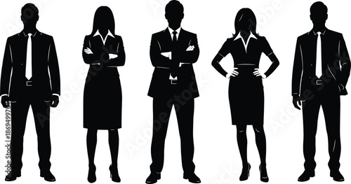 Business Professional People Silhouettes Set, Corporate Office Team in Formal Suits, CAD Drawing Flat Vector Illustration Isolated on White Background for Design