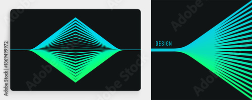 A straight line splits into many rays, which then reconnect into a straight line. A vibrating string. Layers of sheets. Physical optics. Thread or fiber. Vector for brochure, cover or presentation.