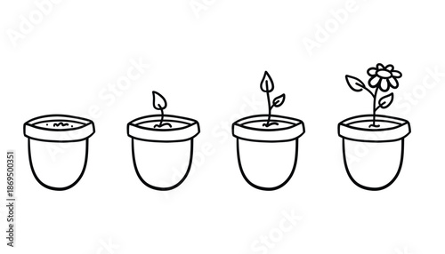 Doodle potted plants with sprouts, hand drawn gardening illustration