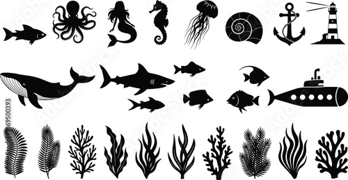 Sea Life and Nautical Silhouette Collection, Whale Shark Mermaid Octopus and Ocean Plants Set, Marine Design