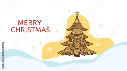 Merry Christmas greeting card featuring a beautifully detailed zentangle style Christmas tree on a snowy winter landscape background.